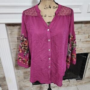 Anthropologie x fig & flower purple embroidered floral lace button down shirt md